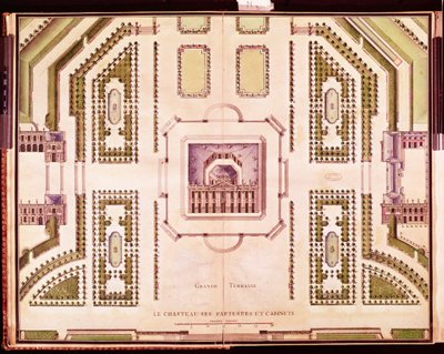 Plan over den store terrasse på Chateau de Marly, 1714 af French School