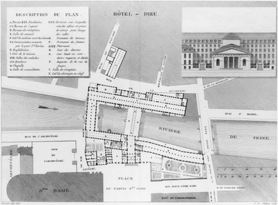 Kort over Hotel-Dieu, Paris, illustration fra Description des Hopitaux de Paris, indgraveret af Jacques Etienne Thierry (1750-1832) efter Bessat, 1808 af French School