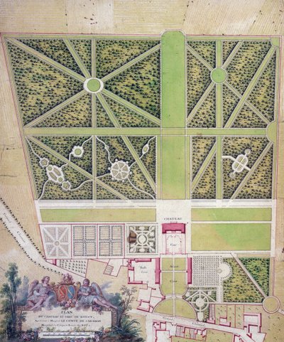 Plan over slottet og parken ved Roissy, der tilhører Comte de Caraman (pen og blæk & wc på papir) af French School