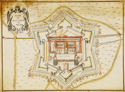 Plan over citadellet i Milano (pen & blæk og wc på papir) af French School