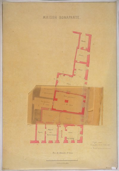 Plan over stueetagen og kældre i huset i Ajaccio, Korsika, hvor Napoleon Bonaparte (1769-1821) blev født, 1837 af French School