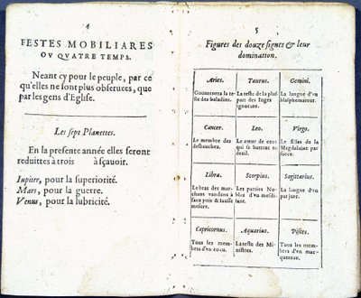 Planeter og astrologiske tegn behandlet humoristisk - i "Almanach pour le temps passe"", af Jean Guerin af French School