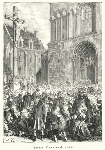 Plantning af et missionskors (gravering) af French School