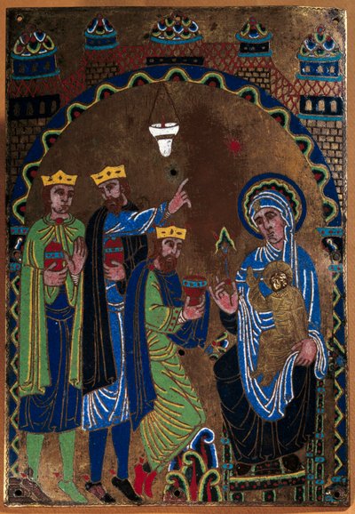 Plade af det store alter i Abbey of Grandmont: Adoration of the Magi. Emaljedore og mejsel på kobber. 1275-1300. Fra Limoges. Paris, Nationalmuseet for middelalderen, Thermes de Cluny af French School