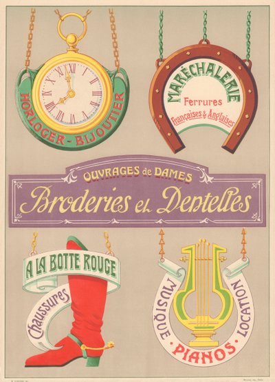 Tavle nr. 15: Skiltemodeller til jugendstil bogstavmaler (Watcher-Jeweller, Marechalery, Brodery and Lace, Sko, Musikklaverer). af French School