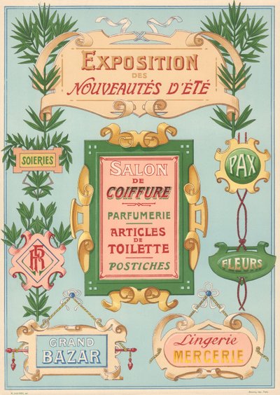 Tavle nr. 17: Skiltemodeller til art nouveau-maler (udstilling, frisørsalon, basar, sybeholdere). af French School