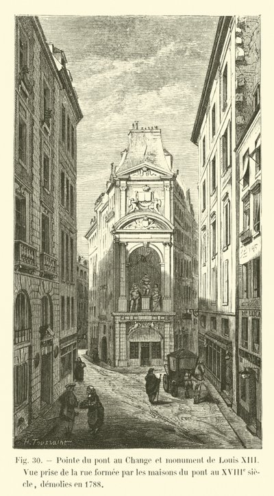 Point of the Pont au Change og monument af Louis XIII, Udsigt taget fra gaden dannet af husene på broen i det 18. århundrede, revet ned i 1788 af French School