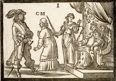 Politiske pamfletter Mazarinade: Mazarin forvist af Retfærdighed og Slynge, forlader kongen (Louis XIII). Graveret træ 1651. af French School