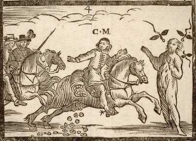 Politiske pamfletter Mazarinade: Mazarin i sin flugt falder ecus: skyggen af Concini, Marshal of Anchor, står foran ham. Graveret træ 1651. af French School