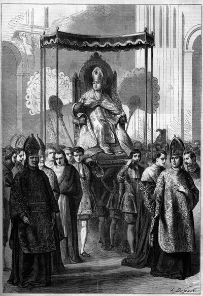 Pave Pius IX (1792-1878) bærer procession til Peterskirken i Rom (Italien) palmesøndag i 1861. Indgravering i "" Le Monde Illustré"" nr. 209 af 13. april 1861. af French School