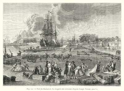 Port of Rochefort, kolonialbutikken; efter Joseph Vernet 1700-tallet (gravering) af French School