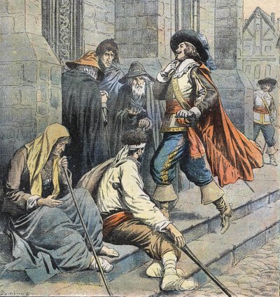 Porthos, der vender tilbage til Saint Leu-kirken, bliver set af D