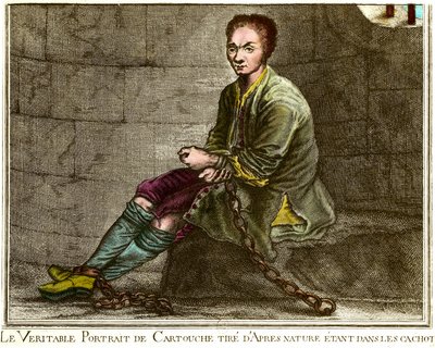 Portræt en pied af Louis Dominique Cartridge (1693-1721), fransk brigand i sit fangehul Indgravering af det 18. århundredes privatsamling af French School