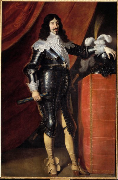 Portræt for foden af Ludvig XIII (1601-1643) i rustning Maleri af den franske skole i det 17. århundrede. Musee du chateau de Chambord - Portræt i fuld længde af Ludvig XIII (1601-1643) i rustning. Maleri af den engelske skole i det 17. århundrede. Museum  af French School
