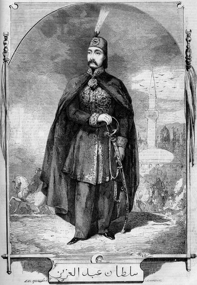 Portræt af Abdul Aziz (Abd-ul-Aziz eller Abd Ul Aziz eller Abdulaziz) 1830-1876), sultan fra Det Osmanniske Rige. Indgravering i "" Le Monde Illustré"" nr. 224 af 27. juli 1861. af French School