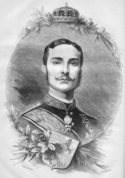 Portræt af Alfonso XII (Alfonso) (1857-1885), konge af Spanien. Indgravering i "" Le Monde Illustré"" nr. 1085 af 19. januar 1878. af French School