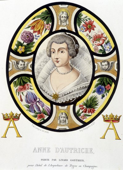 Portræt af Anne af Østrig, dronning af Frankrig (1601-1666). Faksimile af et farvet glas fra middelalderen i "Histoire de la peinture sur verre"" af Ferdinand de Lasteyrie af French School
