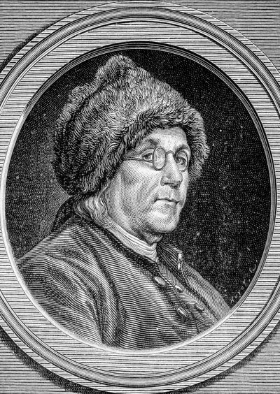 Portræt af Benjamin Franklin (1706 - 1790), politiker, mindesmærke, pjece og amerikansk fysiker - i "" Album de la Science; berømte lærde; Store opdagelser””” 1896. af French School