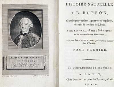 Portræt af Buffon og titelbladet til "Natural History of Buffon" klassificeret efter ordener, slægter og arter i henhold til Linné-systemet af French School