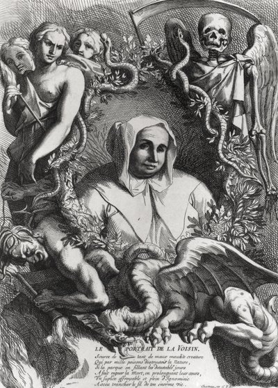 Portræt af Catherine Monvoisin (La Voisin) (1640-80) (gravering) (bw foto) af French School