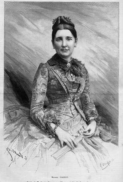 Portræt af Cecile Carnot (nee Dupont-White eller Dupont White) (1841-1898), hustru til Sadi Carnot, den franske republiks præsident. Indgravering i "" Le Monde Illustré"" nr. 1678 af 25. maj 1889. af French School