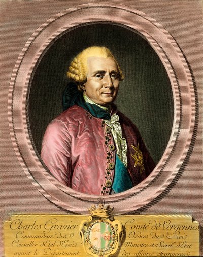 Portræt af Charles Gravier, greve af Vergennes (1719 - 1787). Stik af det 18. århundrede. Privat samling. af French School