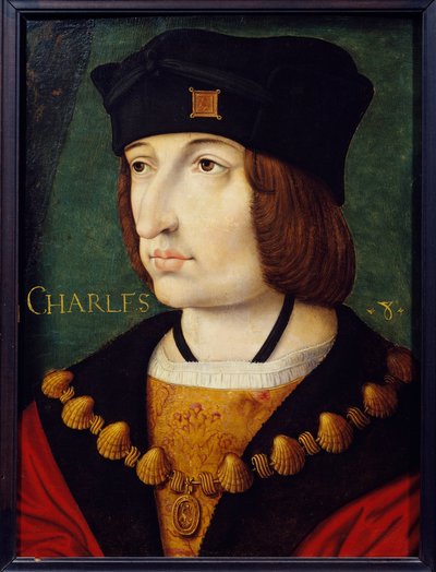 Portræt af Charles VIII (1470-1498), søn af Louis XI. Maleri af den franske skole i det 16. århundrede af Jean Perreal. Svag. 0,36x0,27 m. Musee Conde, Chantilly af French School