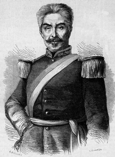 Portræt af Don Miguel San Roman (1803-1863), Perus præsident. Indgravering i "" Le Monde Illustré"" nr. 320 af 30. maj 1863. af French School