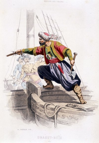 Portræt af Dragut - Reïs, tyrkisk pirat fra det 16. århundrede - i ""History of pirates and the corsairs of the Ocean and the Mediterranean"" af P. Christian, Paris, D. Cavaillés ed., Tome 1 af French School