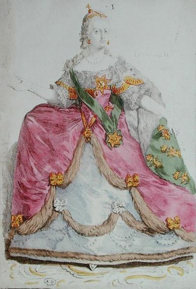 Portræt af kejserinde Catherine II (1729-96) den Store af Rusland, slutningen af det 18. århundrede (farvestik) af French School