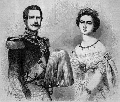 Portræt af Frederic Guilllaume af Preussen (1831-1888, kommende Frederik III, konge af Preussen og tysk kejser) og hans forlovede, prinsesse Victoria af England (1840-1901). Indgravering i "" Le Monde Illustré"" nr. 41 af 23. januar 1858. af French School