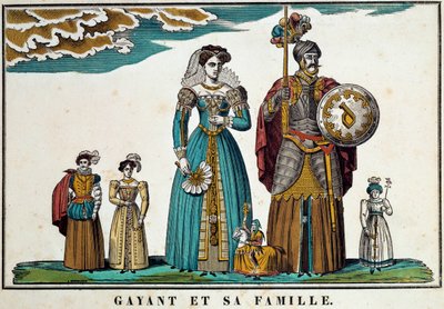 Portræt af Gayant, en kæmpe, der symboliserer byen Douai, sammen med sin familie: hans kone, Marie Cagenon, og hans tre børn, Jacquot, Fillon og Binbin. 18. århundredes gravering, billedkunst af Belfort. Ferrand-samlingen af French School
