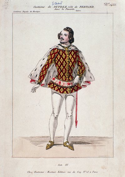 Portræt af Gilbert Duprez, fransk tenor og komponist i "La Favorite" af Gaetano Donizetti (farvet gravering) af French School