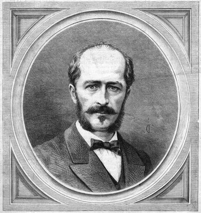 Portræt af Gustave Lambert (1824-1871), fransk hydrograf og opdagelsesrejsende, forfatter til et ekspeditionsprojekt på Nordpolen. Indgravering i "" Le Monde Illustré"" nr. 771 af 20. januar af French School