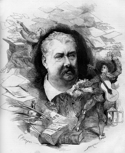 Porträt von Hippolyte de Villemessant (1810-1879), französischer Journalist, Gründer des „Figaro“. Gravur in „Le Monde Illustré“ Nr. 1151 vom 19. April 1879 von French School
