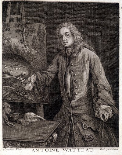 Portræt af Jean Antoine Watteau (1684-1721), fransk maler - kobberstik af French School
