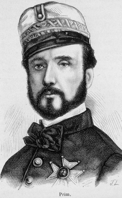 Portræt af Juan Prim y Prats, spansk general og politiker (1814 - 1870) - i "The History of France" af Henri Martin af French School