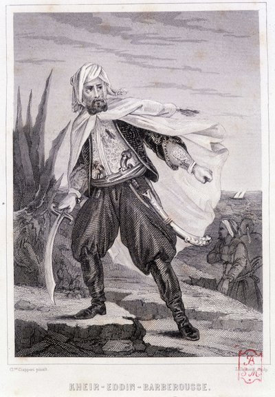 Portræt af Kheir - Eddin - Barberousse, tyrkisk pirat fra det 16. århundrede - i "" History of the pirates and the corsairs of the Ocean and the Mediterranean"" af P. Christian, Paris, D. Cavaillés ed., bind 1 af French School