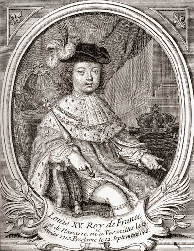 Portræt af Ludvig XV som barn, 1710 1774. Bourbonmonark, der regerede som konge af Frankrig og Navarra. Fra Les Heures Libres udgivet 1908. af French School