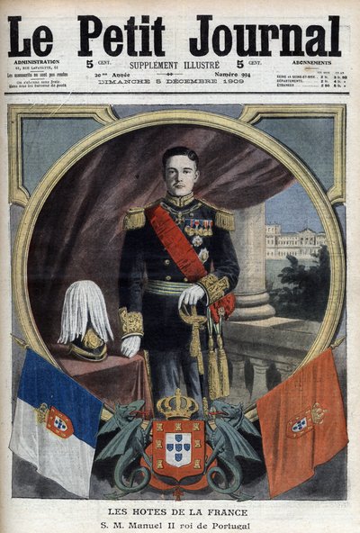 Portræt af Manuel II, konge af Portugal (1889-1932) under hans besøg i Paris - "Le Petit Journal" af 5. december af French School