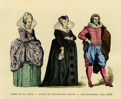 Portræt af Marie de Medicis (1573-1642), dronning af Frankrig, i enkens skik, omgivet af en hofdame og en herre, ca. 1620. Farvestik, i “France et les francais a travers les siecles”” af Augustin Challamel, F.Roy-redaktør, Paris 18 af French School