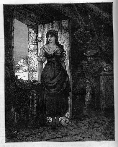 Portræt af Mercedes, karakter af romanen "Greven af Montecristo" (Monte Cristo eller Monte Cristo) af Alexandre Dumas (1802-1870). Indgravering i "" Le Monde Illustré"", 30. januar af French School