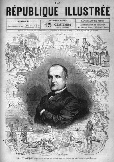 Portræt af Monsieur Claude (Antoine Francois Claude dit) (1807-1880), fransk politimand og forfatter, chef for sikkerhedspolitiet under Det Andet Imperium. En avis. Indgravering fra 1880 i "La republique illustree"" privatsamling. af French School