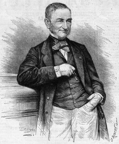 Portræt af Moreau Chaslon (Moreau-Chaslon), formand for bestyrelsen for Compagnie Generale des Omnibus (CGO). 19. århundrede. Indgravering i "" Le Monde Illustré"" nr. 660 af 4. december 1869. af French School