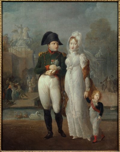 Portræt af Napoleon I (1769-1821) og Mary Louise med deres søn, konge af Rom Napoleon II, hertug af Reichstadt i Tuilerierne Anonymt maleri. 1800-tallets privatsamling - Portræt af Napoleon I (1769-1821) og Marie Louise med deres så af French School