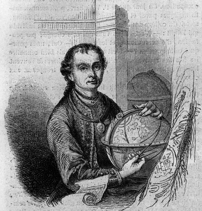 Portræt af Pierre (Peter) Anich (1723-1766), tyrolsk astronom og kartograf, med en globus og et kompas. Gravering i "" Le Magasin maleriske"" af French School