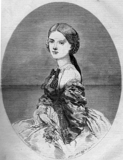 Portræt af prinsesse Clotilde af Savoyen (1843-1911), kommende hustru til prins Napoleon (1822-1891). Indgravering i "" Le Monde Illustré"" nr. 94 af 29. januar 1859. af French School