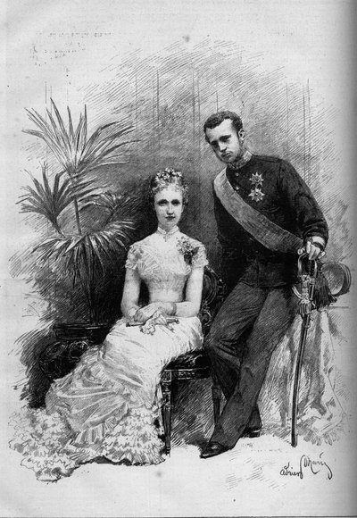 Portræt af prinsesse Stephanie af Belgien (1864-1945) og ærkehertug Rodolphe af Østrig (1858-1889). Indgravering i "" Le Monde Illustré"" nr. 1209 af 29. maj 1880. af French School