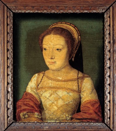 Portræt af Renee af Frankrig, datter af Ludvig XII, hertuginde af Ferrara (1510 - 1575). Olie på træ, 0,16 x 0,13 m. anonymt maleri. Fransk skole i det 16. århundrede. af French School