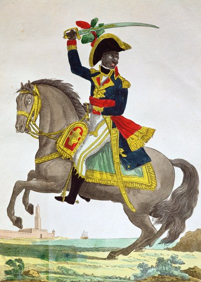 Portræt af Toussaint Louverture (1743-1803) til hest, begyndelsen af det 19. århundrede (farvestik) af French School